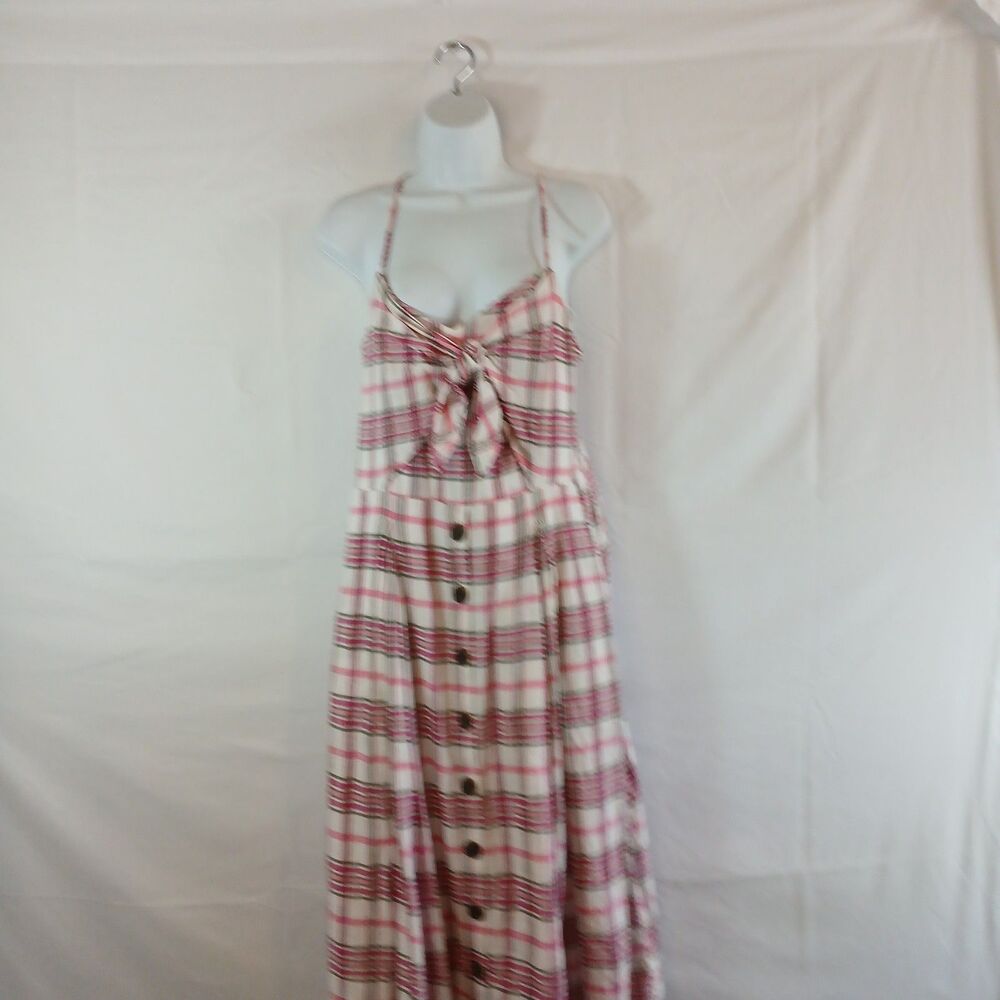 a.n.a. dress pink gray plaid pleats button up babydoll sz L summer casual travel